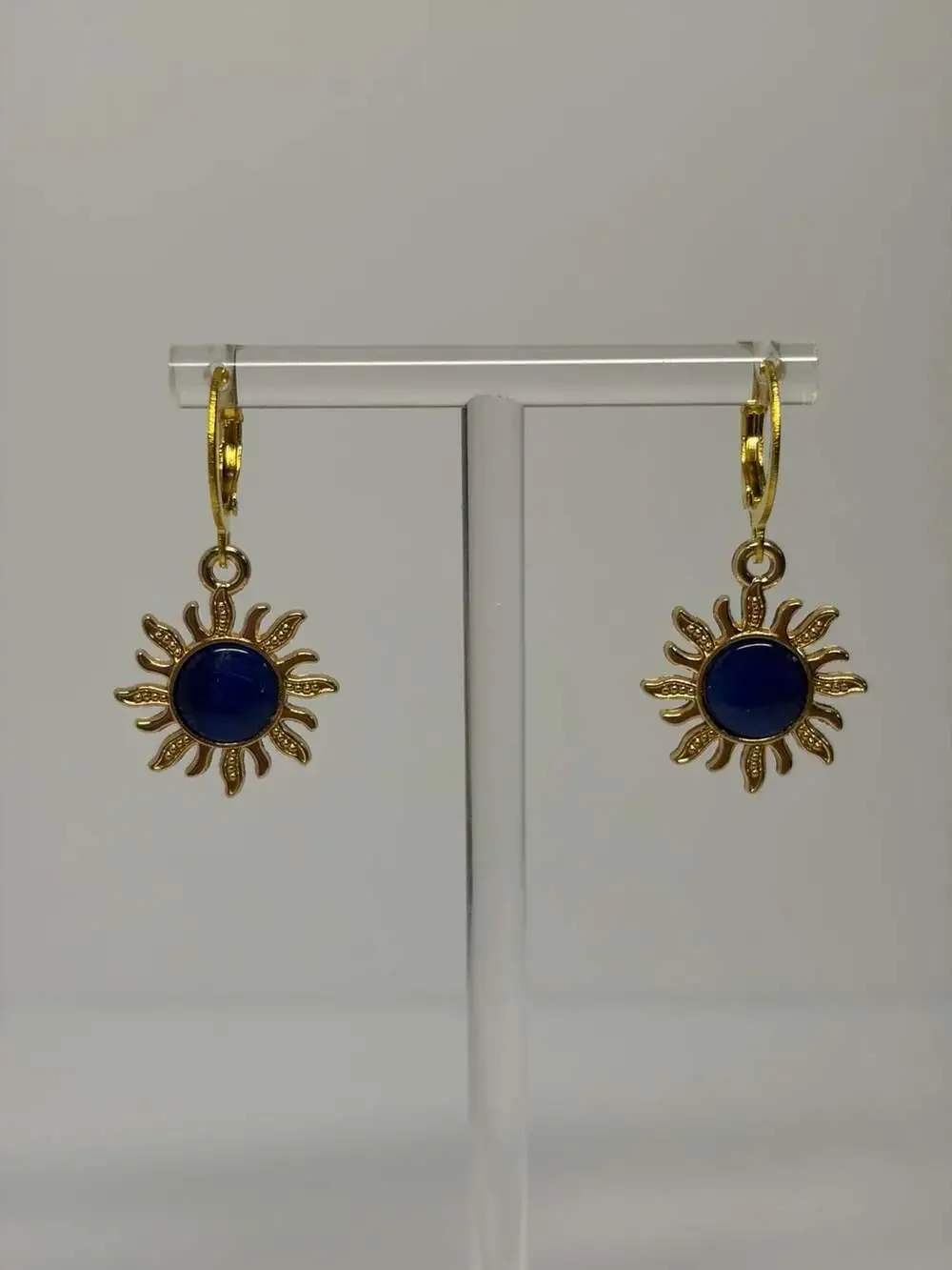 Stainless Steel Gold-Tone Sun Hoop Earrings with Blue Inlay